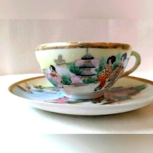 Rare Antique Japanese Kutani Cup & Saucer Rare 19th Century Meiji Hand Paint